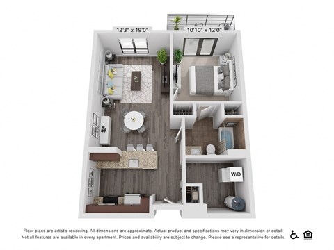 Floor plan for 1 bed, 1 bath, 691 sqft